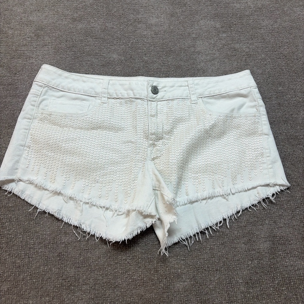 American Eagle White Sequin Fringe Denim Shorts Stretch Sz 16 Y2K Festival 0736